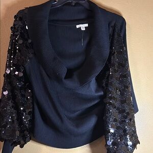 Black Sequin Sleeve Sweater mock neck off shoulders 22/24 brand new